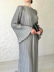 Inrosy robe longue plissé ceinture col rond manches trompette élégant femme décontracté de soirée pour mariage