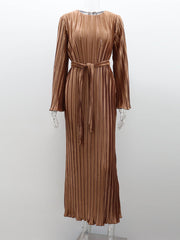Inrosy robe longue plissé ceinture col rond manches trompette élégant femme décontracté de soirée pour mariage