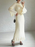 Inrosy robe longue plissé ceinture col rond manches trompette élégant femme décontracté de soirée pour mariage