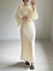 Inrosy robe longue plissé ceinture col rond manches trompette élégant femme décontracté de soirée pour mariage
