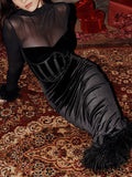 Inrosy robe longue moulante velours plum tulle col roulé manches longues femme élégant mode de soirée