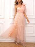 Inrosy robe longue tulle à volantée noeud papillon une épaule sans manches femme doux élégant bal de promo cocktail