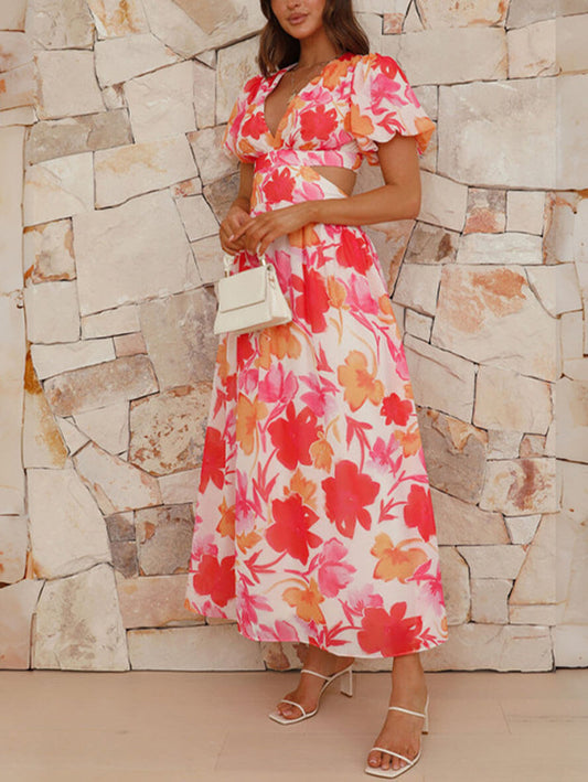 Inrosy robe longue découpes imprimé à fleurie v-cou manches bouffantes manches courtes femme casual élégant décontracté