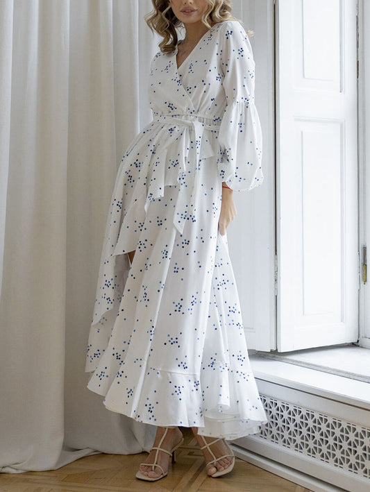 Inrosy robe longue imprime fleuri à pois irrégulière fendu le côté v-cou ceinture manches longues élégant décontracté de plage