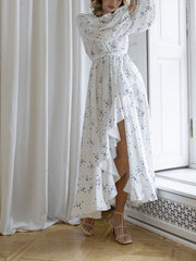 Inrosy robe longue imprime fleuri à pois irrégulière fendu le côté v-cou ceinture manches longues élégant décontracté de plage