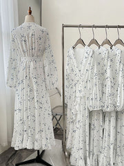 Inrosy robe longue imprime fleuri à pois irrégulière fendu le côté v-cou ceinture manches longues élégant décontracté de plage