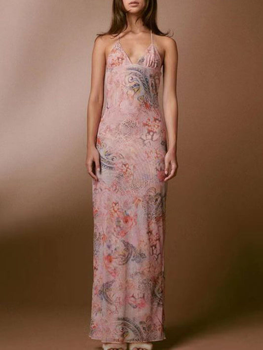 Inrosy robe longue moulante imprimé à fleurie v-cou dos nu sans manches femme casual mode décontracté