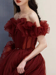 Inrosy robe longue en tulle col bateau sans manches femme élégant mode de soirée pour mariage bordeaux
