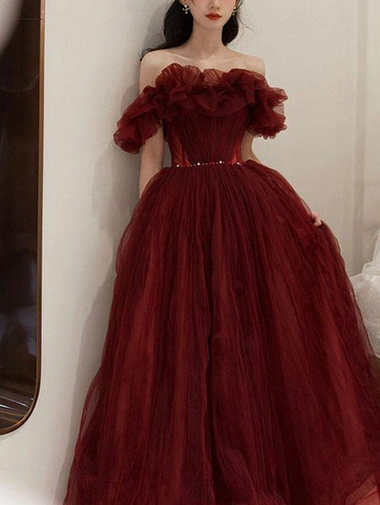 Inrosy robe longue en tulle col bateau sans manches femme élégant mode de soirée pour mariage bordeaux