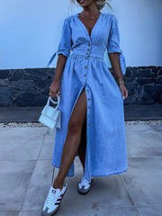 Inrosy robe longue en jean v-cou fendu nœud boutonnage femme casual élégant mode décontracté de plage