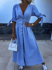 Inrosy robe longue en jean v-cou fendu nœud boutonnage femme casual élégant mode décontracté de plage