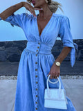 Inrosy robe longue en jean v-cou fendu nœud boutonnage femme casual élégant mode décontracté de plage