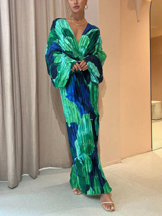 Inrosy robe longue tropicale fendu le côté plissé v-cou manches chauve souris femme élégant ample décontracté vintage de plage