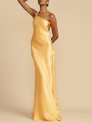 Inrosy robe longue en satin une épaule moulante ceinture dos nu sans manches femme élégant décontracté de soirée invité mariage