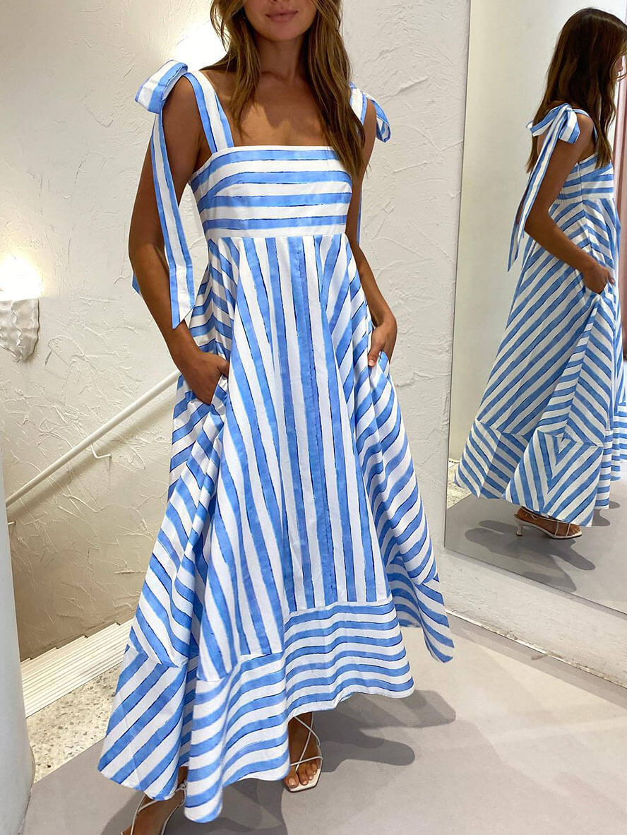 Inrosy robe longue rayé nœud bretelle sans manches femme casual doux élégant audrey hepburn décontracté vintage