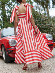 Inrosy robe longue rayé nœud bretelle sans manches femme casual doux élégant audrey hepburn décontracté vintage