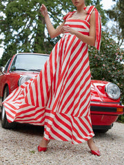 Inrosy robe longue rayé nœud bretelle sans manches femme casual doux élégant audrey hepburn décontracté vintage