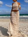 Inrosy robe ensemble 2 pièces dentelle dos nu licou sans manches hauts fluide longue jupe femme mode décontracté de plage