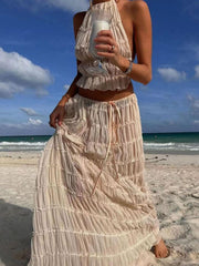 Inrosy robe ensemble 2 pièces dentelle dos nu licou sans manches hauts fluide longue jupe femme mode décontracté de plage