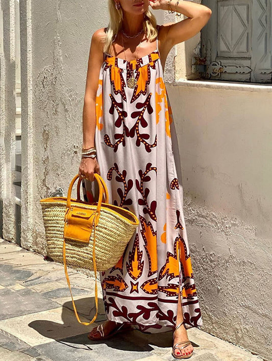 Inrosy robe longue vacances imprimé tribal dos nu à fines brides sans manches femme lâche ample hawaienne décontracté de plage