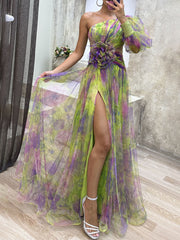 Inrosy robe longue tulle fendu le côté une épaule manches bishop manches longues femme élégant décontracté de soirée bal de promo