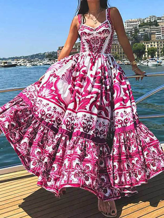 Inrosy robe longue imprimé tribal à volantée bretelle col carré femme sans manches casual ethnique élégant de plage
