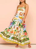 Inrosy longue robe en lin imprimé tropicale feuille à fines brides sans manches femme casual décontracté vintage de plage