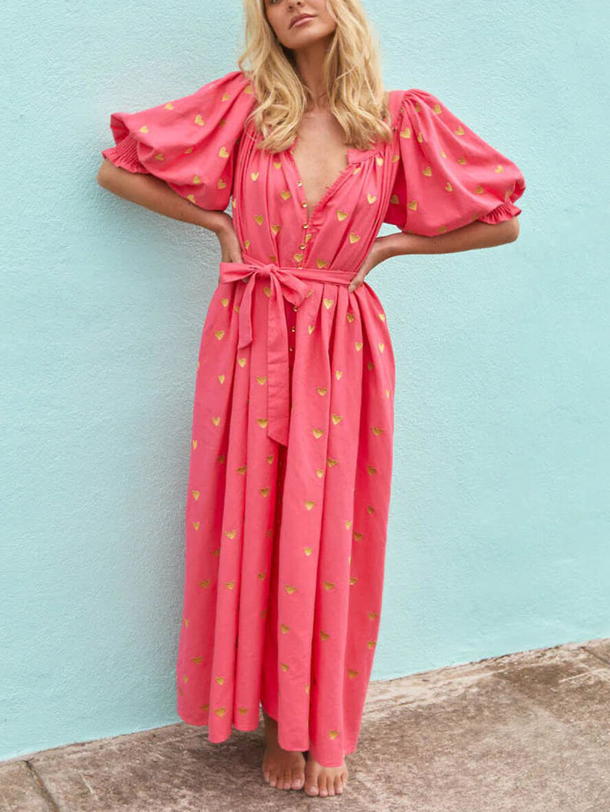 Inrosy robe longue coeur boutonnage ceinture col rond manches au coude femme lâche ample décontracté de plage