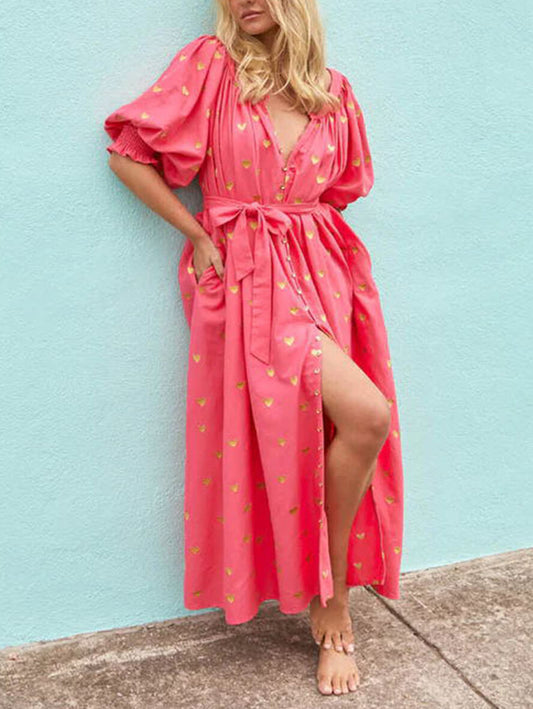 Inrosy robe longue coeur boutonnage ceinture col rond manches au coude femme lâche ample décontracté de plage