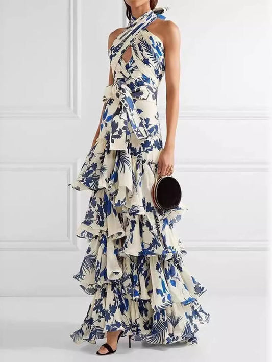 Inrosy robe longue imprimé à fleurie à volantée noeud papillon dos nu licou sans manches femme doux élégant bohème de soirée
