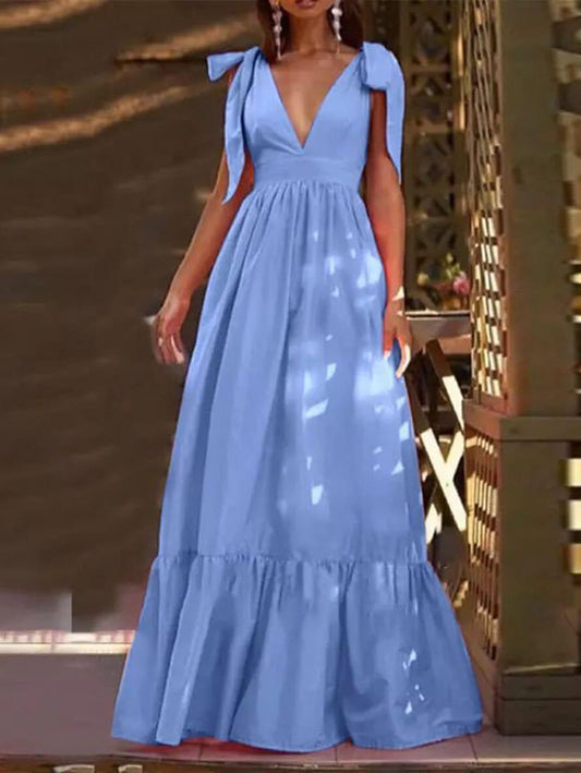 Inrosy robe longue à volantée noeud papillon bretelle décolleté plongeant sans manches femme doux décontracté de plage