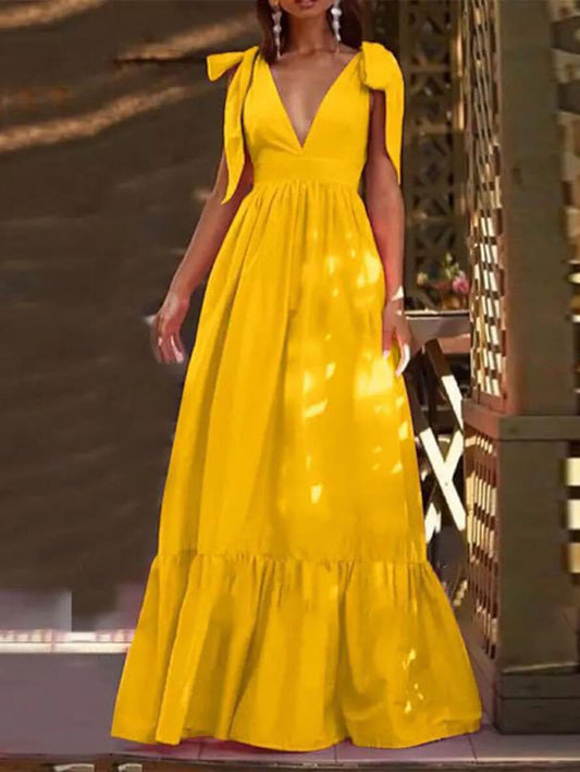 Inrosy robe longue à volantée noeud papillon bretelle décolleté plongeant sans manches femme doux décontracté de plage