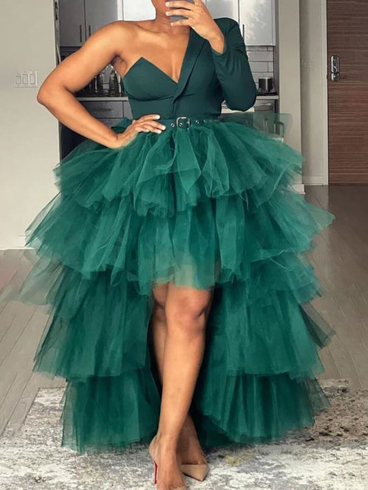Inrosy robe court devant longue derriere bouffante tutu tulle une épaule manches longues femme élégant de soirée bal de promo