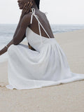 Inrosy robe longue unicolore lin v-cou dos nu à fines brides sans manches femme casual bohème lâche décontracté de plage