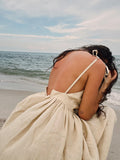 Inrosy robe longue unicolore lin v-cou dos nu à fines brides sans manches femme casual bohème lâche décontracté de plage