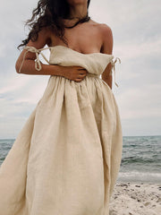 Inrosy robe longue unicolore lin v-cou dos nu à fines brides sans manches femme casual bohème lâche décontracté de plage