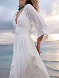 Inrosy robe longue mousseline bohème plissée v-cou manches longues femme casual mode ample décontracté de plage