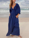 Inrosy robe longue mousseline bohème plissée v-cou manches longues femme casual mode ample décontracté de plage