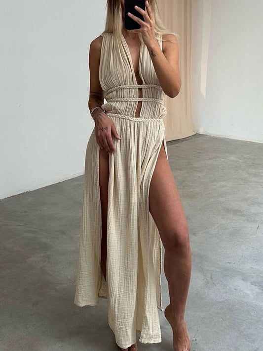 Inrosy robe longue en lin découpes fendu décolleté plongeant sans manches femme bohème lâche décontracté de plage