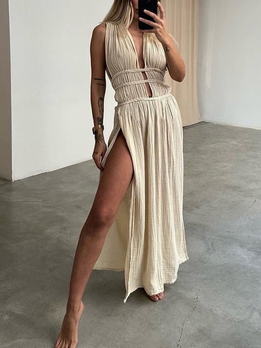 Inrosy robe longue en lin découpes fendu décolleté plongeant sans manches femme bohème lâche décontracté de plage