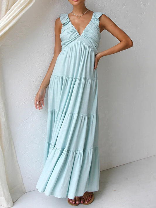 Inrosy robe longue coton lin à volantée bretelle v-cou sans manches femme bohème décontracté ample de plage