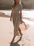 Inrosy robe longue boho plissee v-cou fendu le côté fluide décolleté dos manches chauve souris femme décontracté de plage