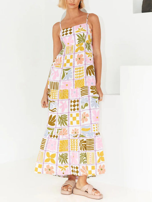 Inrosy longue robe découpes imprimé à fleurie à fines brides dos nu femme bohème décontracté de plage