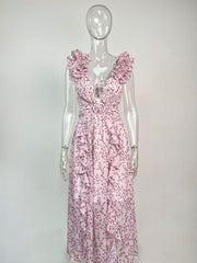 Inrosy robe longue mousseline imprimé à fleurie v-cou découpes fendu volantée sans manches femme bohème de plage