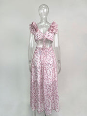 Inrosy robe longue mousseline imprimé à fleurie v-cou découpes fendu volantée sans manches femme bohème de plage