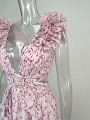 Inrosy robe longue mousseline imprimé à fleurie v-cou découpes fendu volantée sans manches femme bohème de plage