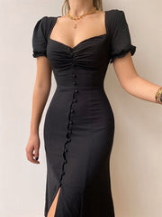 Inrosy robe longue moulante col carré fendu boutonnage manches bouffantes manches courtes fenne élégant doux casual