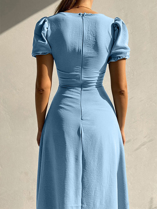 Inrosy robe longue moulante col carré fendu boutonnage manches bouffantes manches courtes fenne élégant doux casual