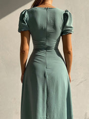 Inrosy robe longue moulante col carré fendu boutonnage manches bouffantes manches courtes fenne élégant doux casual