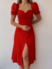 Inrosy robe longue moulante col carré fendu boutonnage manches bouffantes manches courtes fenne élégant doux casual